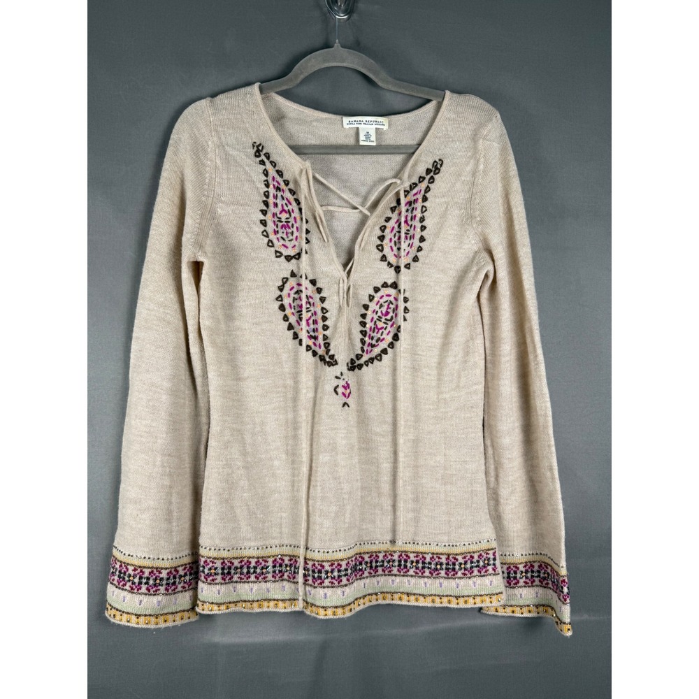 Banana Republic Sweater Women Medium Beige Merino Wool Embroidered Lace Up Boho
